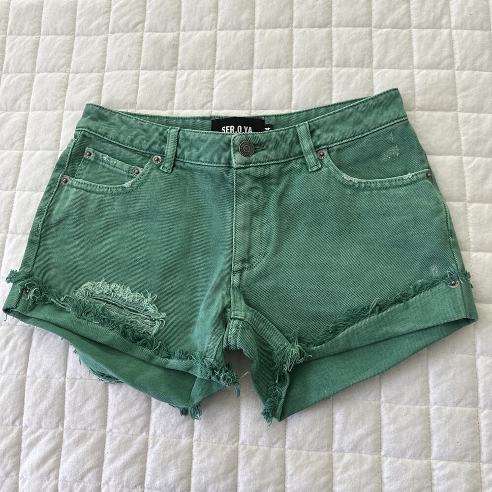 Ser O Ya Shorts Womens 24 Green Lex Distressed Denim Jean Raw Edge Coquette